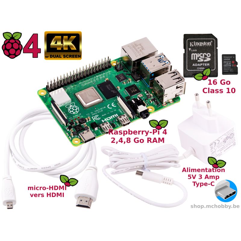 Kit Raspberry Pi 4B 2 Go - Boîtier Magnétique Ventilé + Alimentation USB-C + Carte SD 32 Go + Câble HDMI