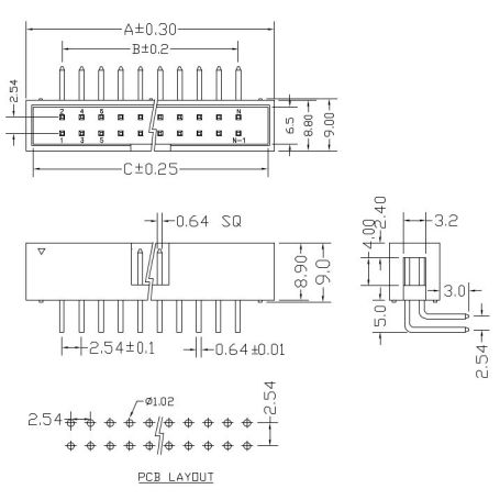 IDC Male 2x20 connector, 90°,2.54mm