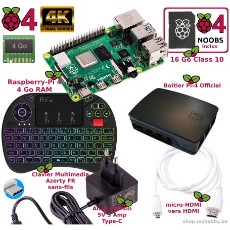 Kit Raspberry Pi 4 : boîtier - alimentation - dissipateurs •
