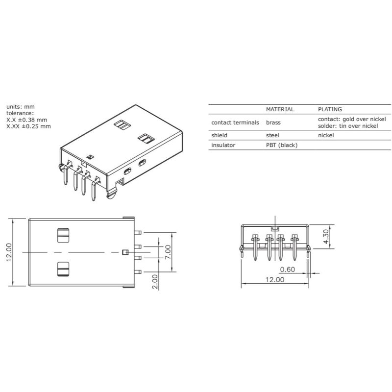 Connecteur male USB 2.0 TYPEA 4POS - PLUG - PCB THT