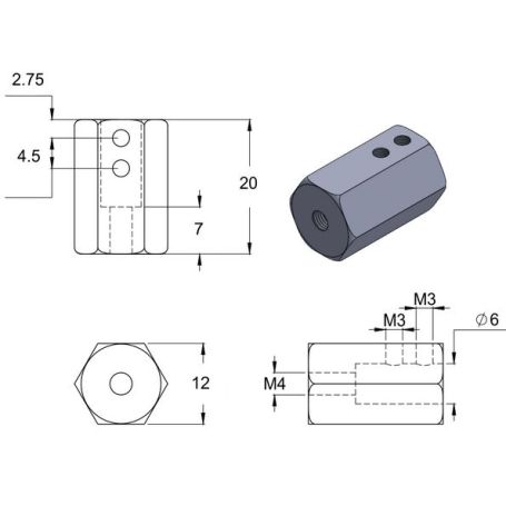 Hexagonal Wheel Adapter - 12mm/3mm - 2pcs. Botland - Robotic Shop
