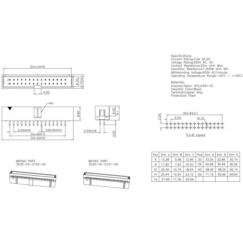 IDC Male 2x20 connector, straight, 2.54mm